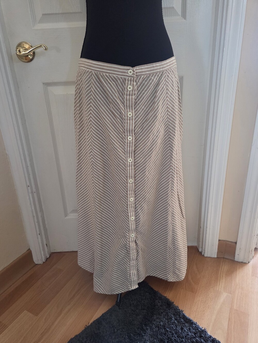 Max Studio Beige and White Striped Button-Front 100% Cotton Midi Skirt